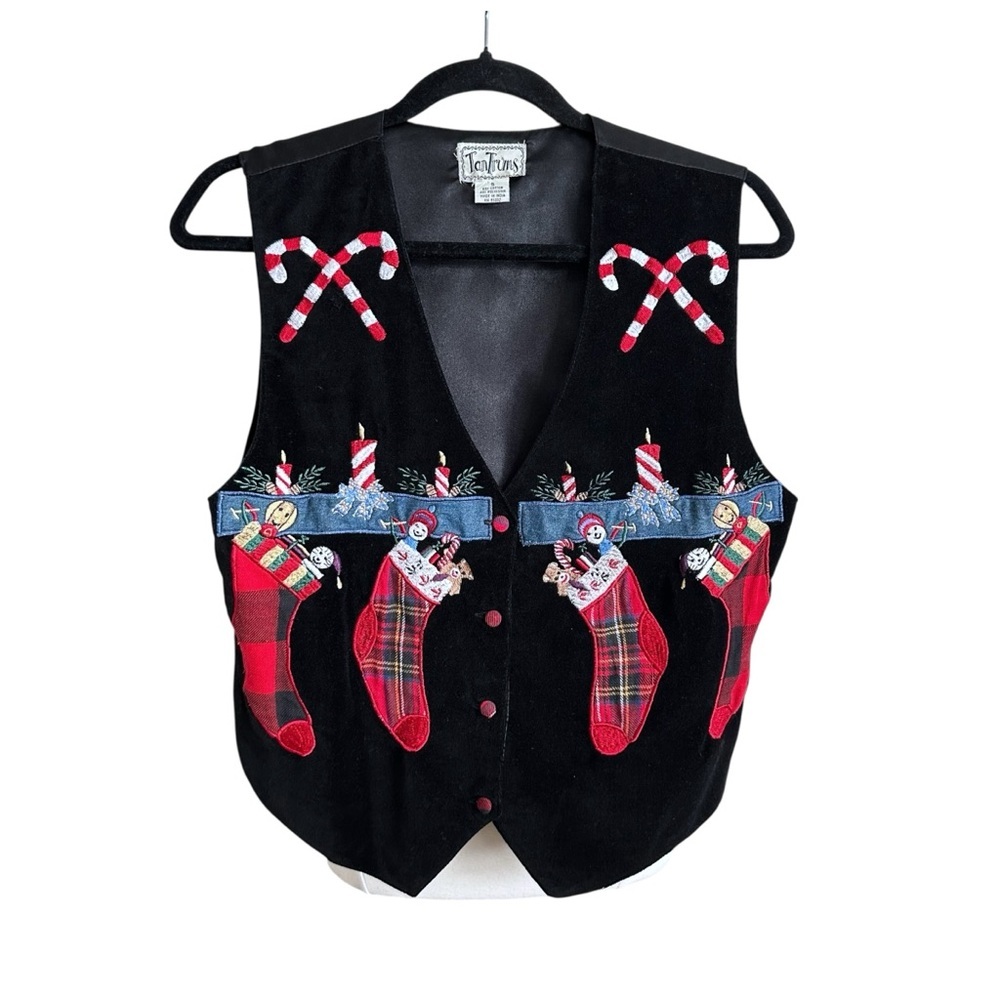 Vintage 90s Tantrums Christmas Holiday Vest Embroidered Stockings & Candy Canes